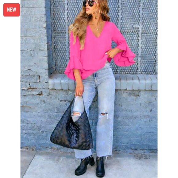 Ruffle 3/4 Sleeve V Neck Blouse Business Casual Tops Lightweight Fabric - Picture 3 of 7